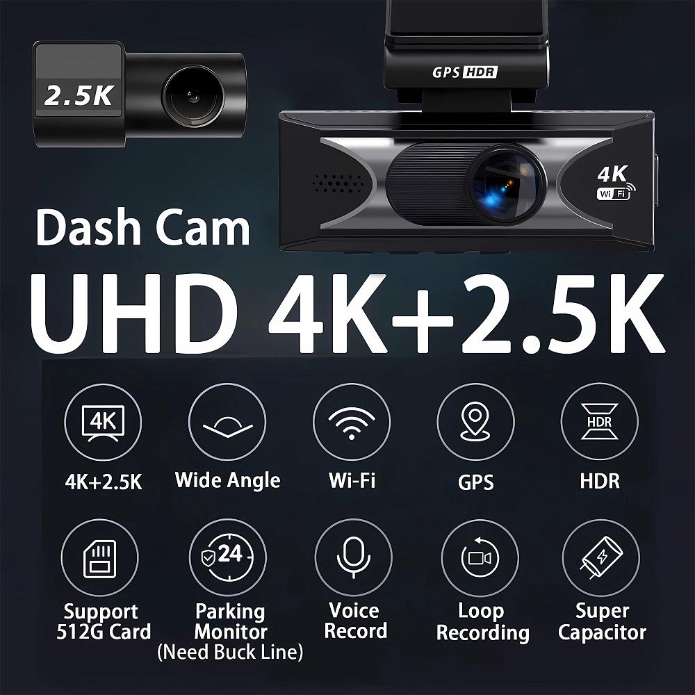 Ультра HD 4K+2.5K Автомобильный передний видеорегистратор Мини WIFI DVR Черный ящик Салон С 24-часовым мониторингом парковки Ночное видение, GPS/Камера заднего вида