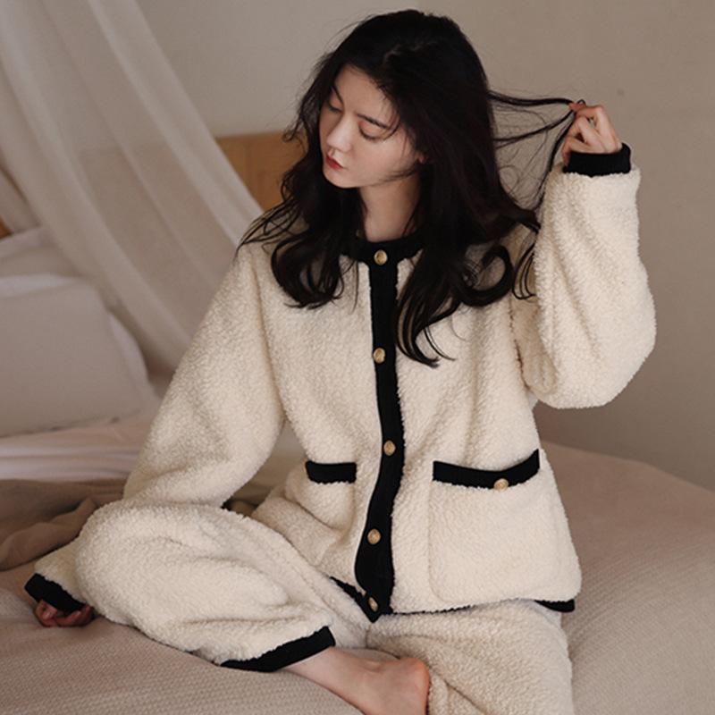 Autumn/Winter Coral Velvet Pajamas for Women Warm Casual Flannel with Velvet Thickened Can Be Worn Outside The Home Suit