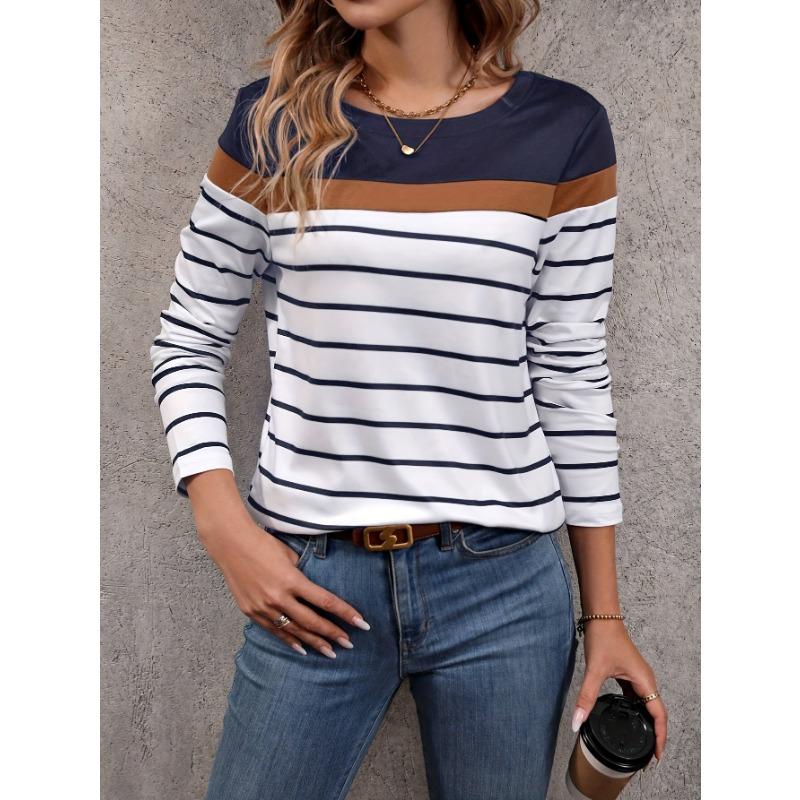 Весенне-летняя женская футболка с круглым вырезом, длинными рукавами, в полоску, в повседневном стиле, простая и элегантная