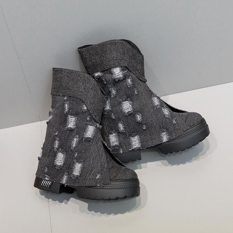 Thick Soled Boots Women Spring and Autumn 2025 New Denim Women's Boots Low Rise Casual Increase Height Shoes Female Mid-Calf