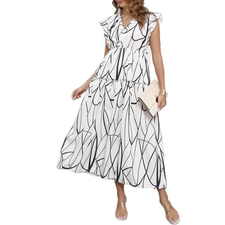 Real shot, new European and American dress in summer printing V-neck ruffle edge big pendulum dress for women