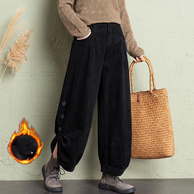 Winter Corduroy Split Velvet Harem Pants Vintage Baggy Warm Women Pantalones Casual High Waist Plush Thick Ankle-length Trousers