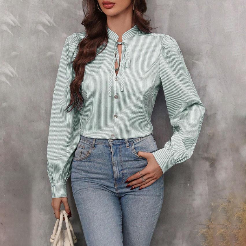 Женская весенняя повседневная рубашка с V-образным вырезом и застежкой на пуговицы в полоску с длинным рукавом