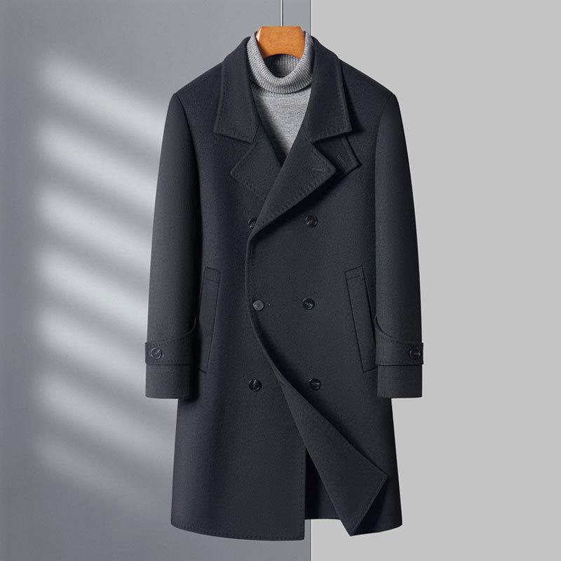 High-end Men's Woolen Coat Double-breasted Fashionable Woolen Windbreaker Long Middle-aged Casual Suit Jacket for Men