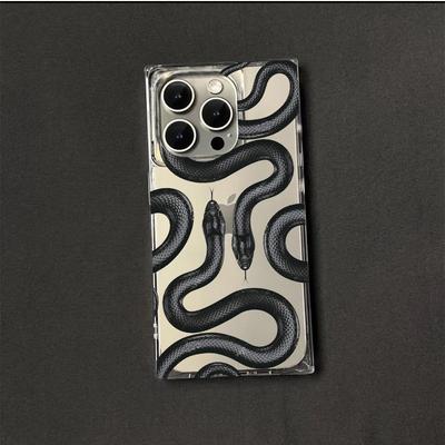 Прозрачный квадратный чехол-накладка для iPhone 16 ProMax 15 Plus 14 Pro Max 13 12 11, защита от окисления, рисунок питона Black Mamba