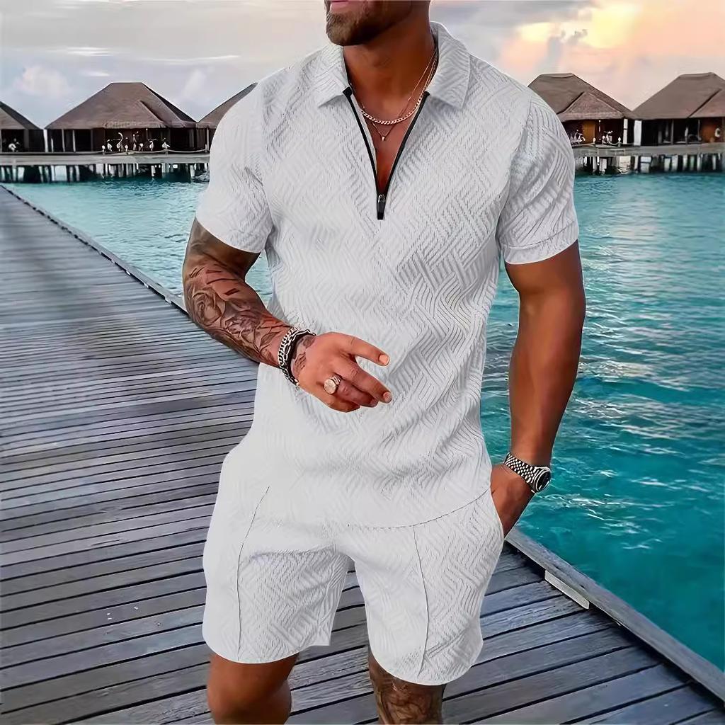 Мужской повседневный костюм с тропическим принтом - черная рубашка с коротким рукавом на молнии и белые шорты с карманами, полиэстер, машинная стирка