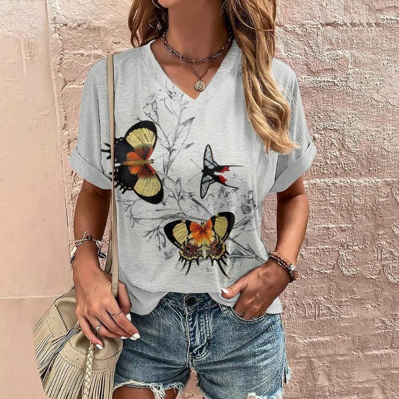 Летняя повседневная женская рубашка с принтом бабочек для поездок на работу, элегантная, с V-образным вырезом и короткими рукавами
