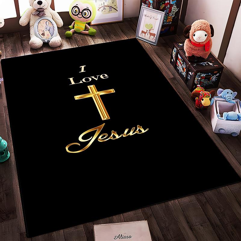 I Love Jesus Cross Design Rug Non-slip rug suitable for living room and bedroom sofas.