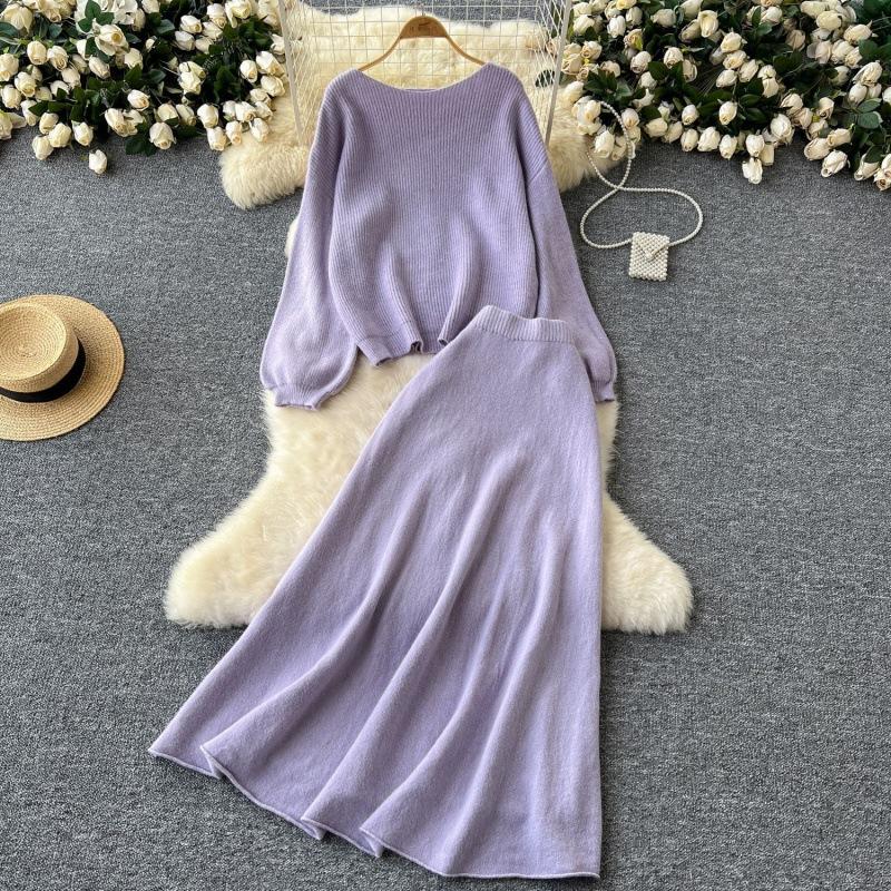 Women's Brown Knit Set with Round Neck Top and High-Waist Midi Skirt