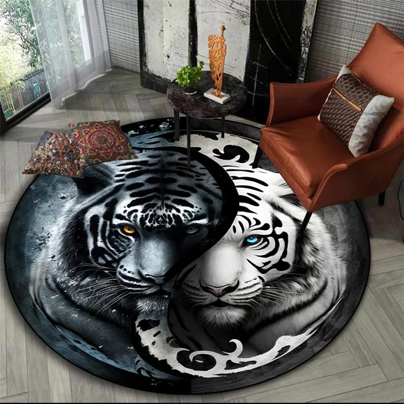 3D printed animal tiger dragon lion tree of life circular carpet computer chair floor mat