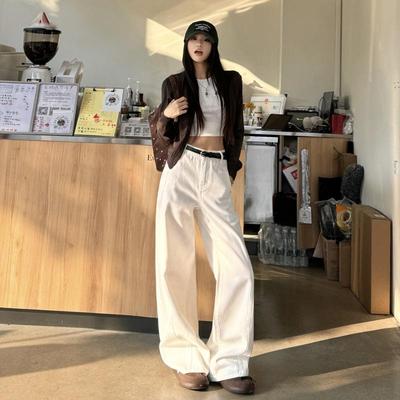 Женские джинсы Off-White цвета экрю с широкими штанинами и высокой посадкой, коллекция весна 2025 - Прямые, Свободные, Драпирующиеся, Стройнящие, Длиной до пола.