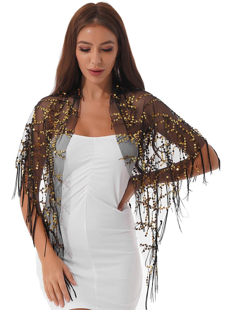 Женская прозрачная сетчатая шаль с блестками и кисточками, вечерние накидки, шарф с бахромой, Outerwar