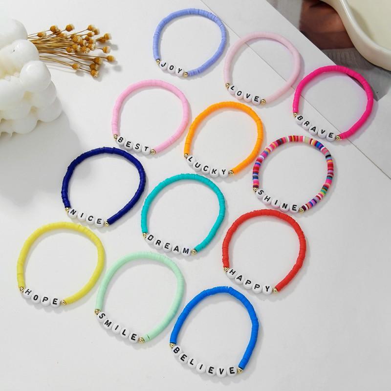 Handmade Polymer Clay Letter Bead Bracelet Set Dopamine Color Palette Inspirational Typography Stackable Unisex Jewelry
