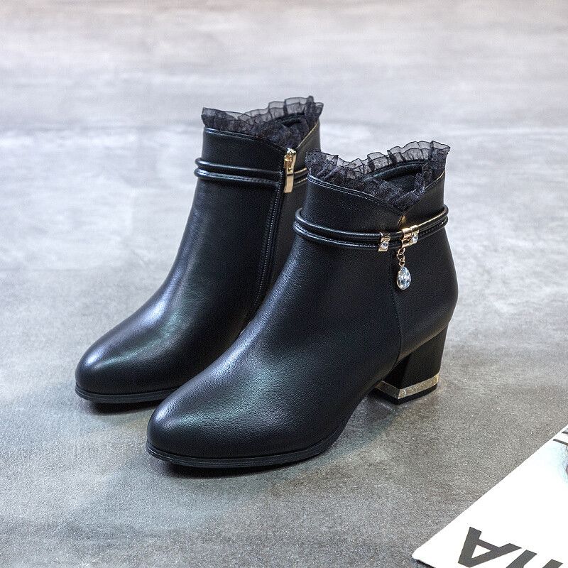 Модные Осенне-Зимние Элегантные Женские Короткие Ботинки на Среднем Каблуке Кожаные Водонепроницаемые с Круглым Носком Женские Ботильоны Распродажа Новинка в Ботильонах