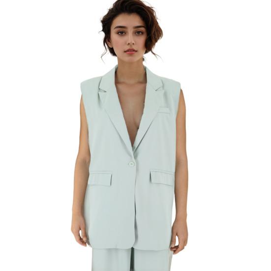 2 Pcs/Set Women Coat Pants Set Lapel Single Button Mid Length Cardigan Sleeveless Jacket Wide Leg High Waist Straight Trousers Lady Formal Commute