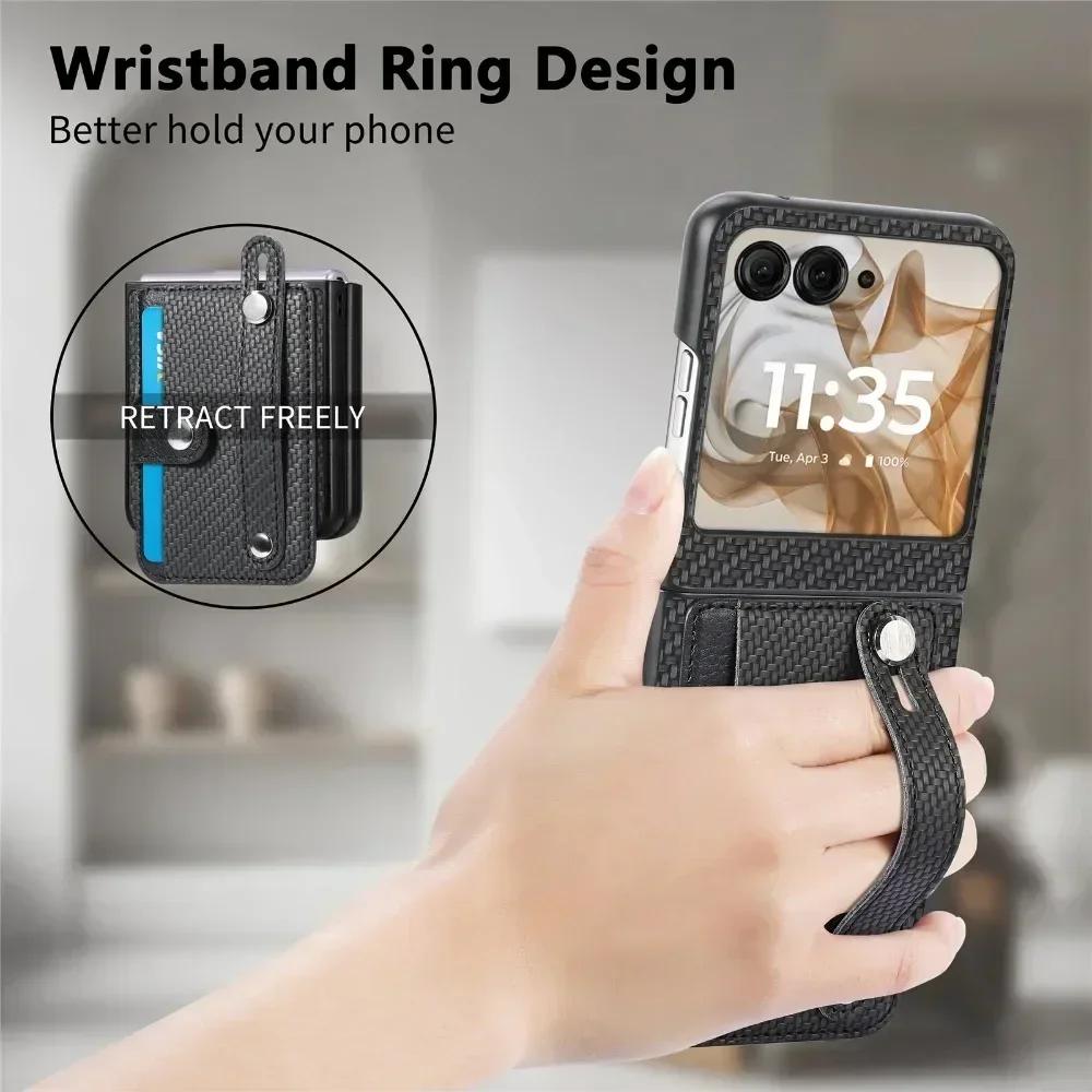 Carbon Fiber Pattern Leather Phone Case For Motorola Razr 60 50 Ultra 40 Multifunctional Card Slot Bag Bracket Wrist Strap Cover