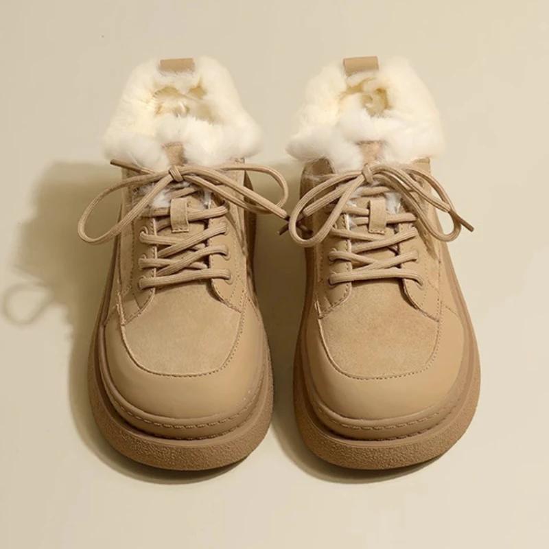Winter Thicken Plush Ankle Boots Women 2024 New Warm Pu Leather Snow Boots Woman Black Winter Lace-Up Flat Heels Cotton Shoes