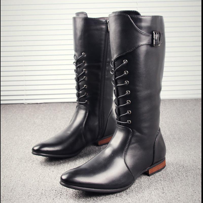 Корейская версия модных высоких кожаных ботинок мужские длинные ботинки на шнуровке из денима с острым носком кос сценическое выступление молния ботинки Мартин