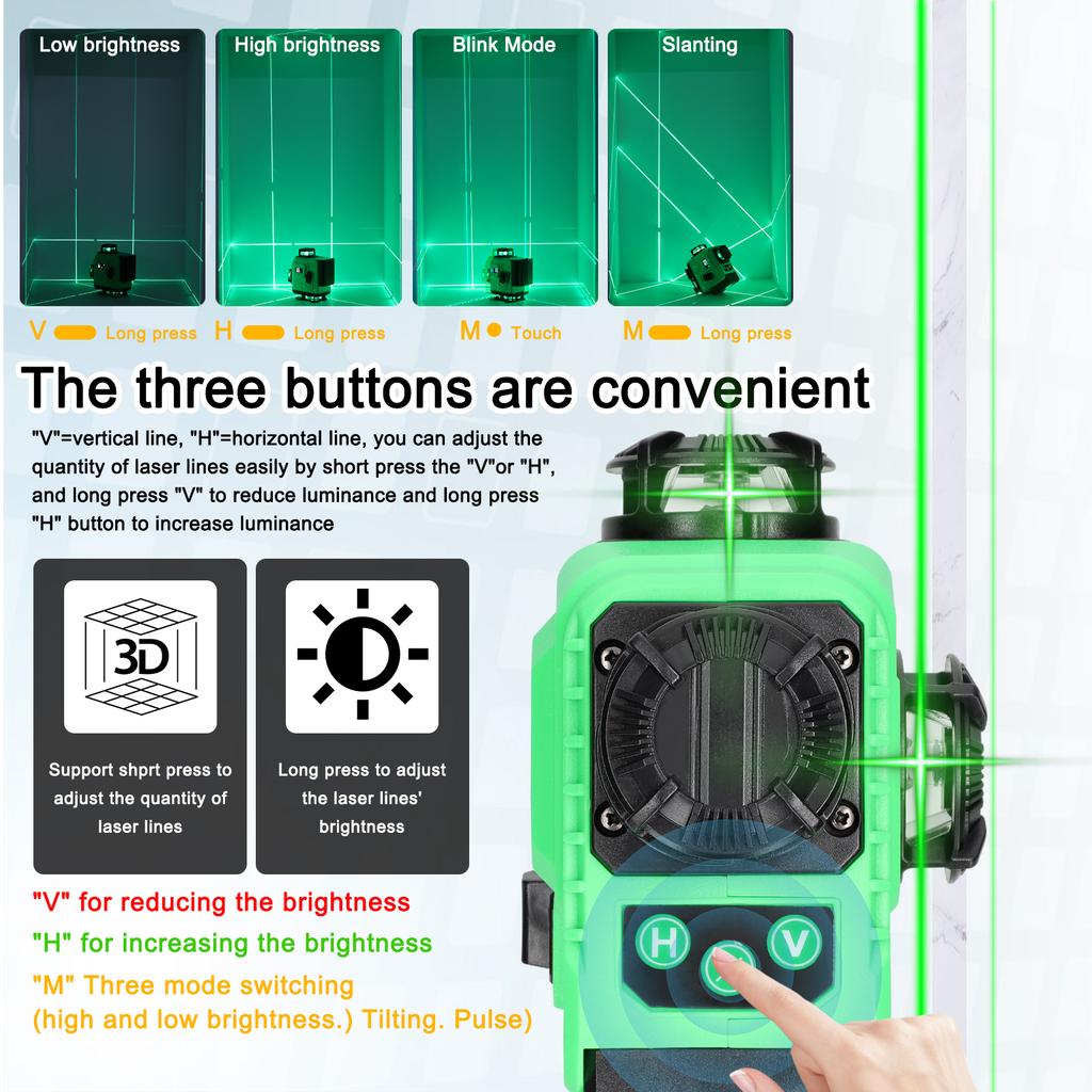 Многофункциональный 16-линейный лазерный уровень 3 градуса Самовыравнивающаяся машина Перезаряжаемая литиевая батарея для выравнивания