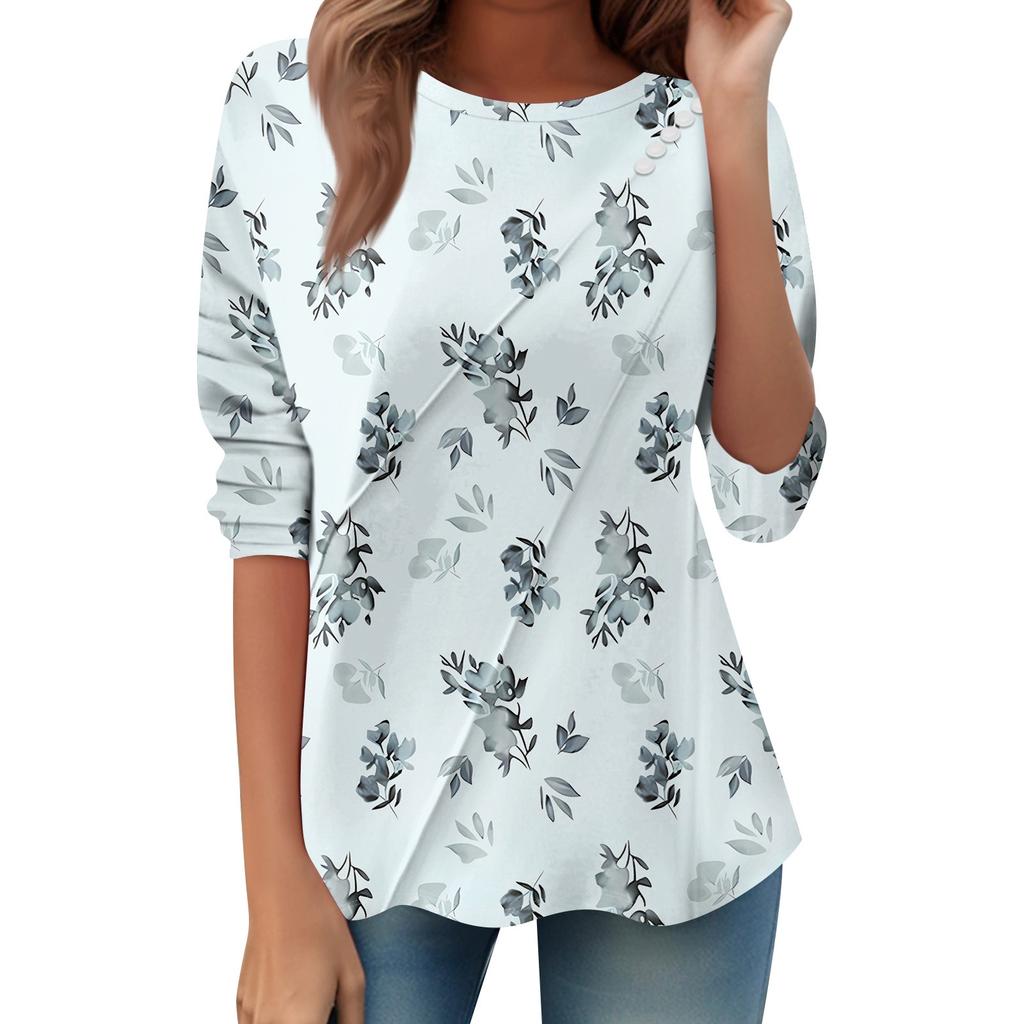 Women's Loose Casual Long Sleeve Top Round Neck Button Pull Stripe Prints T Shirt