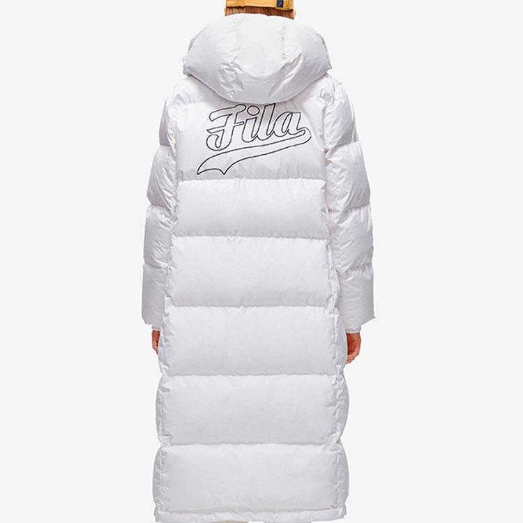 Fila Fusion Серия бейсбола Нашивка с буквой Модный длинный теплый пуховик с капюшоном Женская верхняя одежда Белый T11W242916FWT
