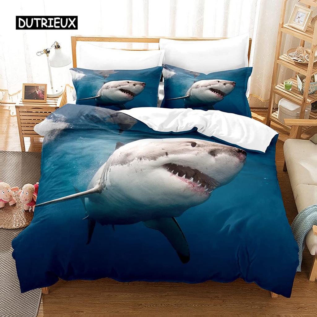 Shark Duvet Cover Set Microfiber Hawaiian Beach Theme Bedding Set Underwater Ocean Sea Themed Double Queen King Size Quilt Cover