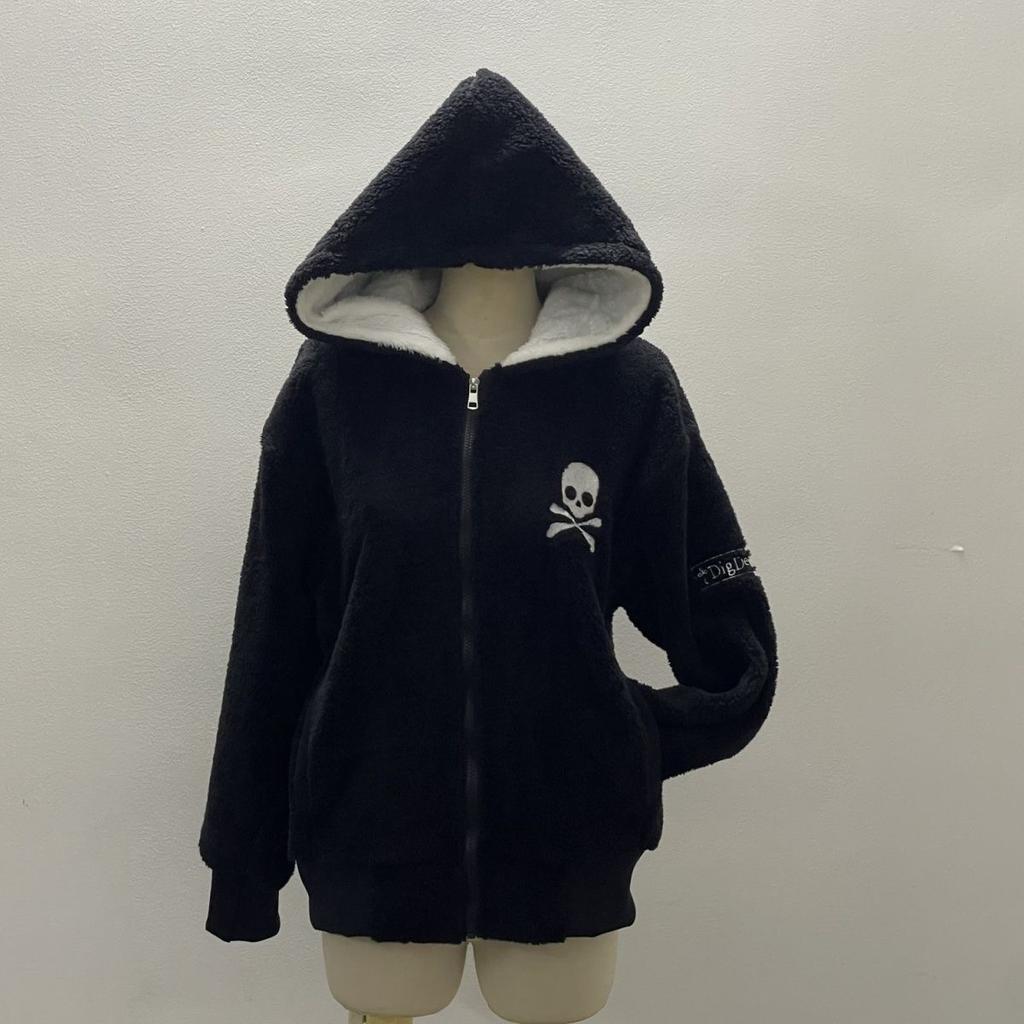 VAYLA Y2k Lamb Jackets Women Gothic Hoodies Cross Skull Grunge Zipper Sweatshirts Vintage Casual Hooded Coats Harajuku Streetwear