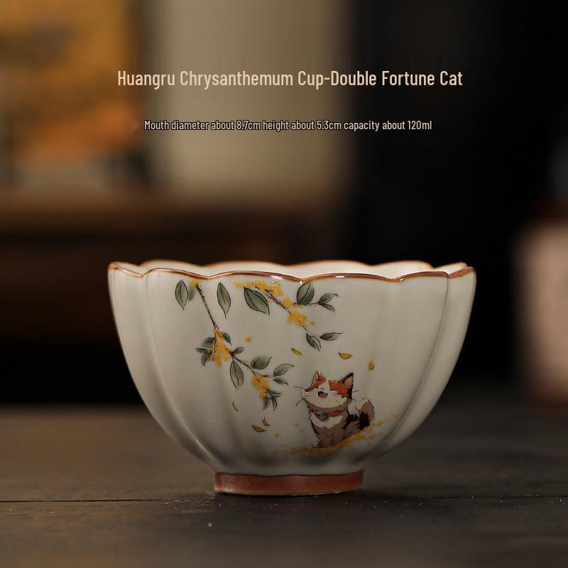 Бежевая фарфоровая пиала для чая с котенком (Ware): Керамическая дегустационная чашка Кунг-фу для личного использования