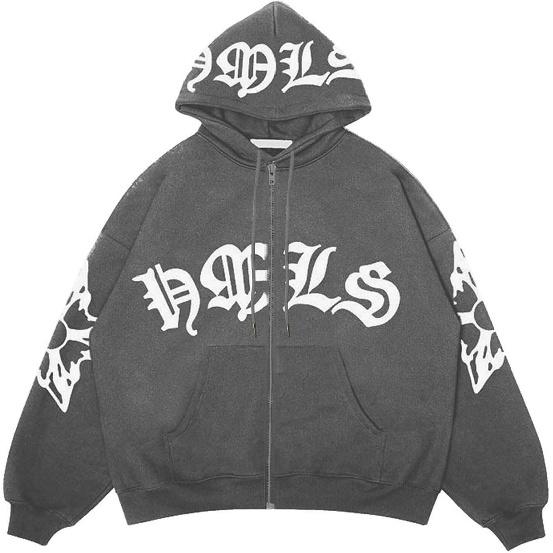 Women Y2K Zip Up Hoodie, Foam Letter Print Hooded Jacket, Loose Long Sleeve Street Sweatshirt