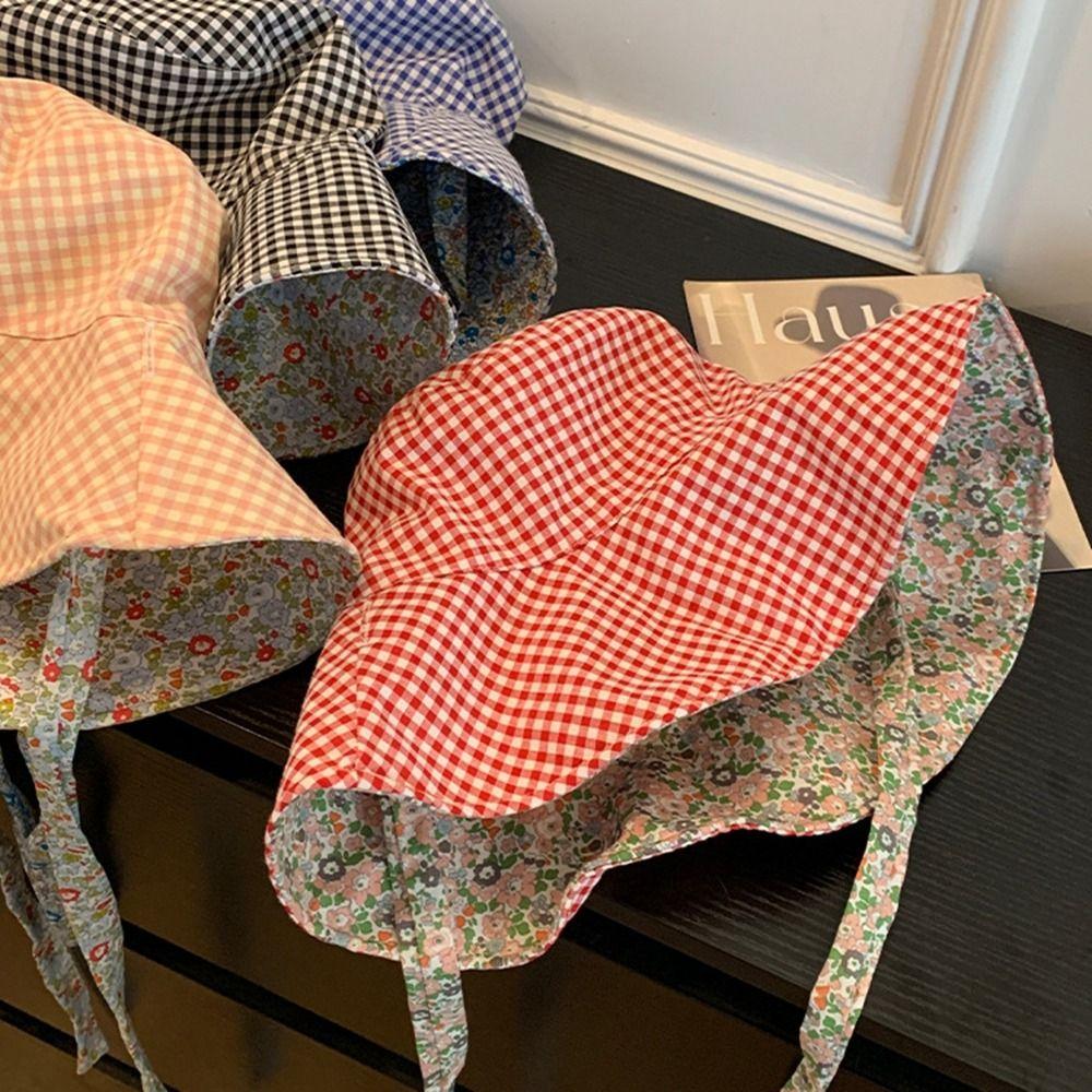 Sun Protection Drawstring Sun Hat Floral Heart Printed Bucket Hat Plaid Hiking Cap Mountaineering