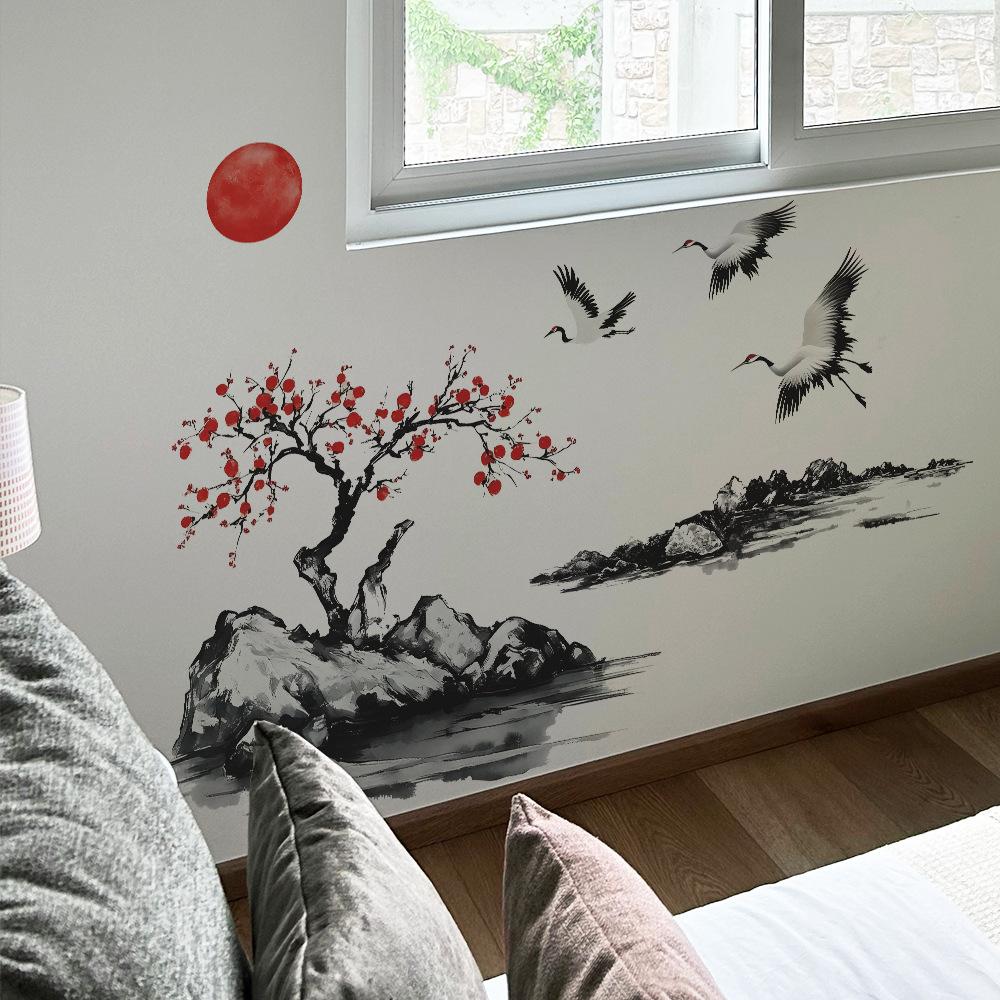2 Pcs Chinese Style Plum Blossom Sunset Bedroom Living Room Home Background Beautification Decoration Wall Stickers