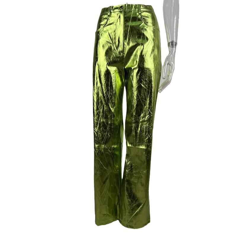 Женские брюки из искусственной кожи с высокой талией — мода осень/зима 2024 года, яркие цвета, повседневный стиль.