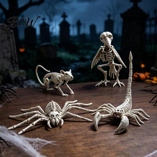 Hard Plastic Skeleton Set Halloween Animal Figurine, Realistic Crow Rat Scorpion Bone Props for Haunted Reusable Party Supplies House, Skull