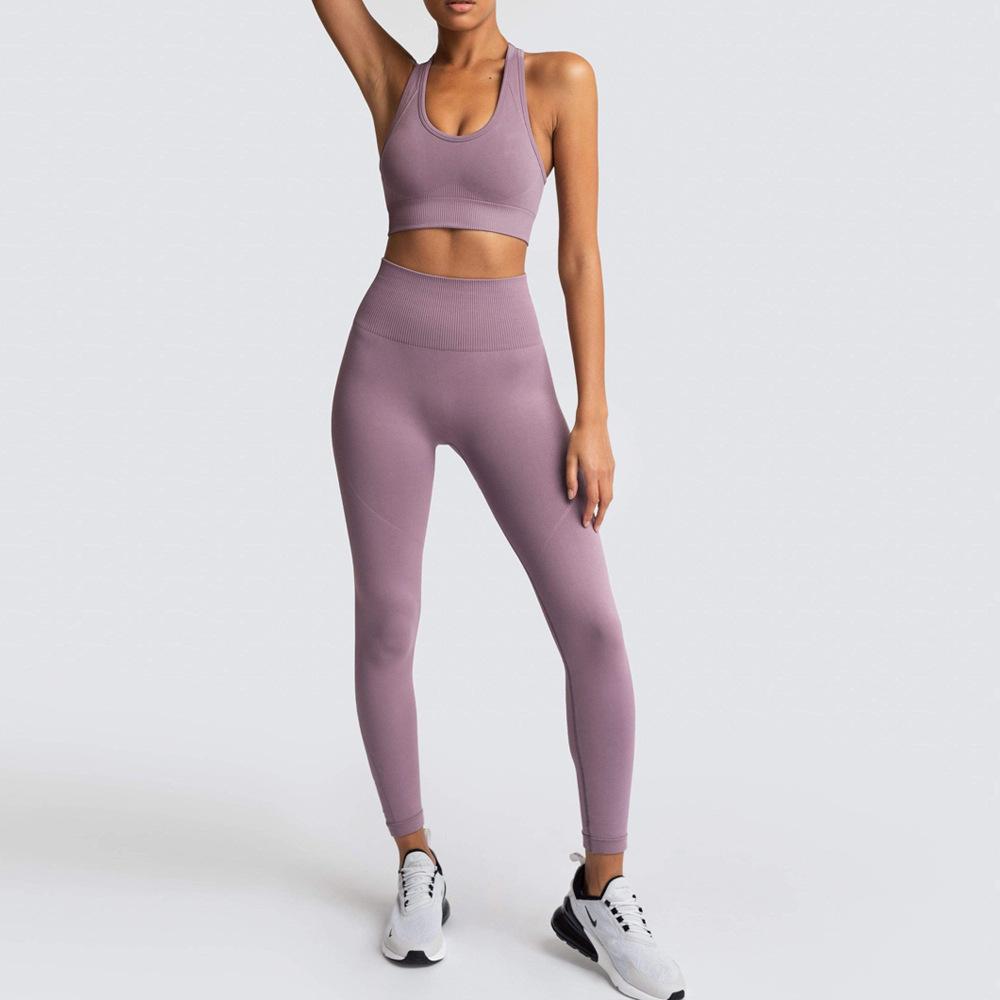 Seamless Knitted Slim Hip Lifting Sweat Wicking Sports Bodysuit Back Fitness Bra Yoga Suit For Women Solid Color Set
