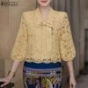 Women Casual V-Neck 3/4 Sleeve Patchwork Lace Blouse