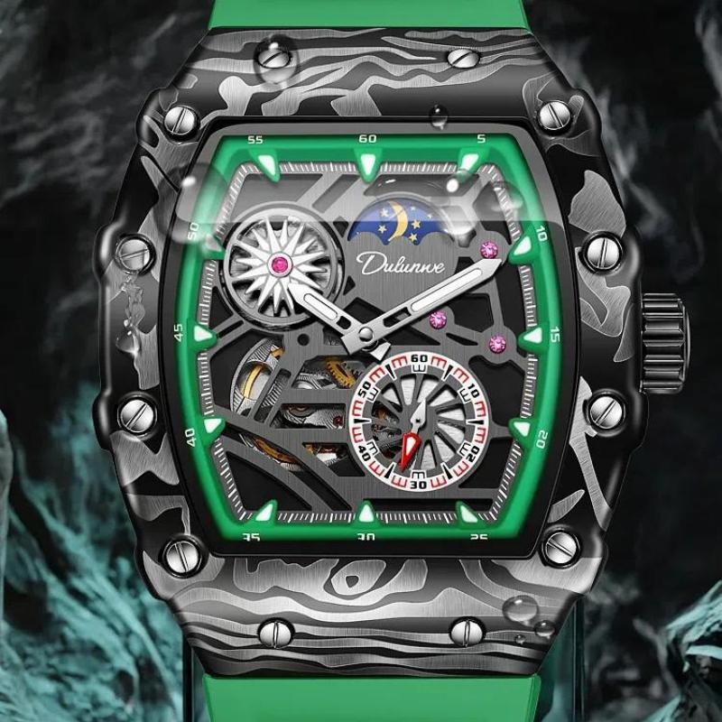 Dulunwe Модные спортивные часы Skeleton Flywheel для мужчин, автоматические механические часы, роскошные светящиеся наручные часы Tonneau с фазами Луны