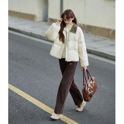 Женский пуховик TonLion 2025 Зима, ультракороткий, цветной блок, вельветовый воротник