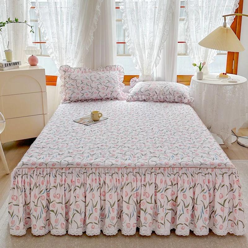 Небольшое цветочное покрывало в пасторальном стиле, белое кружевное хлопковое покрывало на кровать, комплект из трех предметов, домашний толстый стеганый противоскользящий чехол на кровать