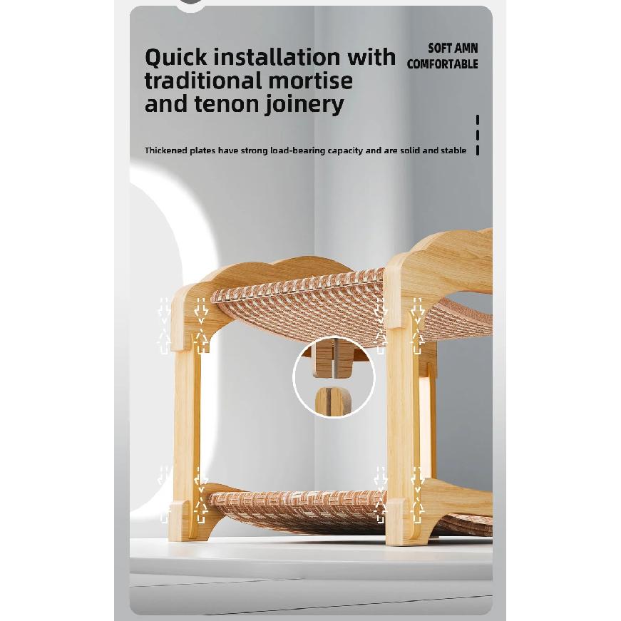 Double Layer Cat Bed Mortise Tenon Detachable Easy Assembly Wear-Resistant Elevated Cat Nest Wooden Furniture Breathable Cushion