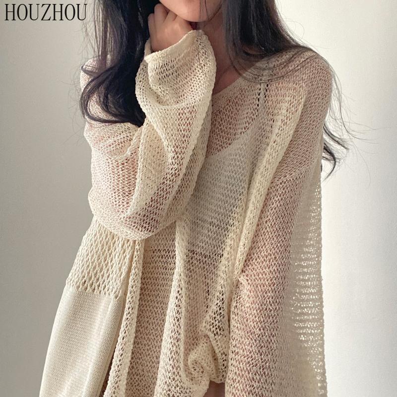 HOUZHOU открытые топы, женские винтажные элегантные повседневные уличные свитера с круглым вырезом, шикарные свободные свитера, трендовые пуловеры