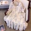 Plus Size Women's Summer High Grade Style Vintage Square Collar Bag Sleeve Floral Dress