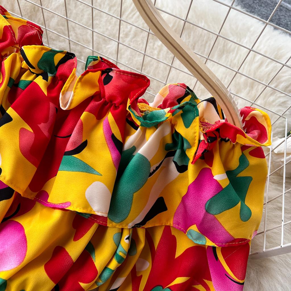 Модный французский костюм-рубашка на одно плечо с оборками и цветочным принтом, женский тонкий широкий брючный костюм с высокой талией