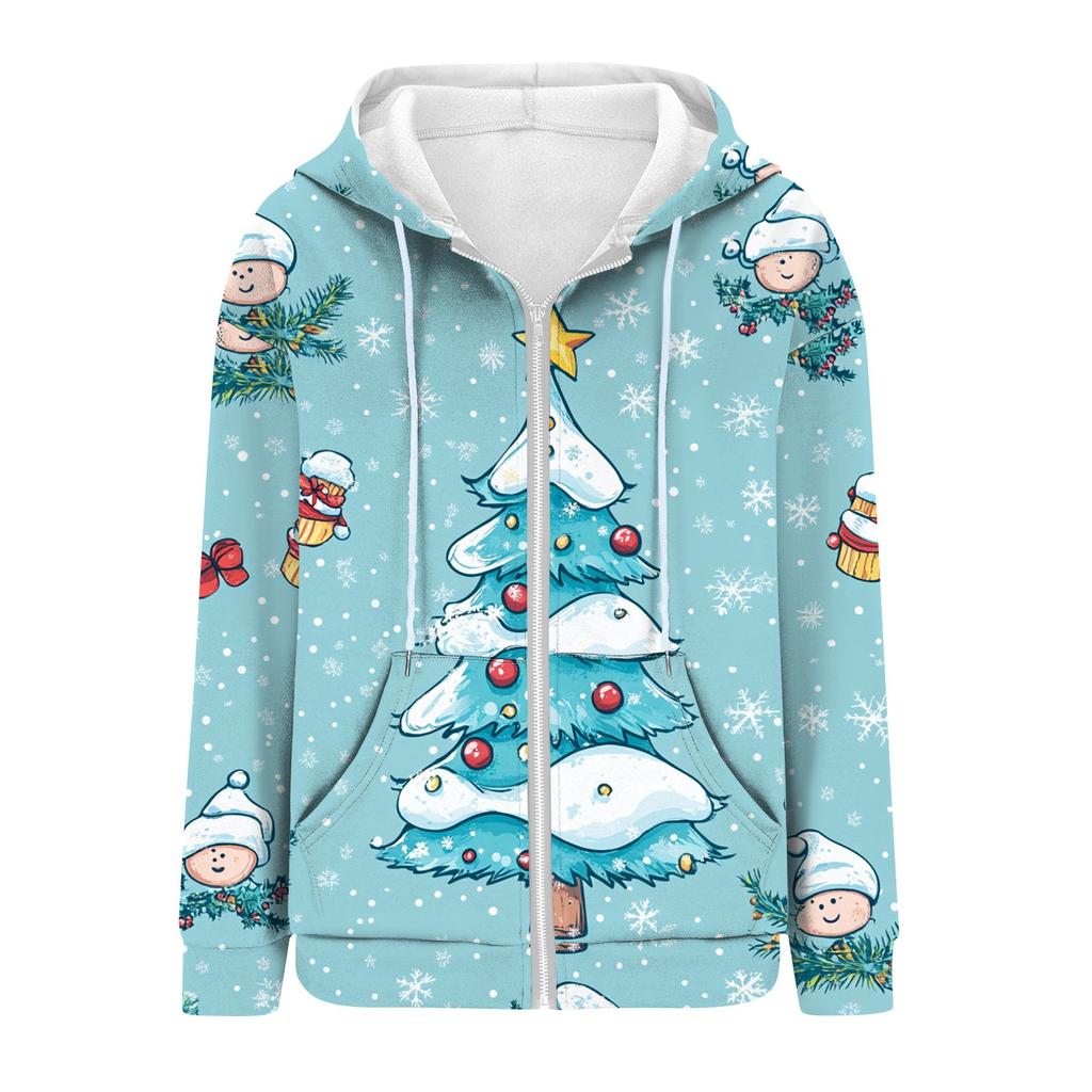 Женская рождественская печатная толстовка осень-зима с длинным рукавом кардиган куртка с карманами на молнии толстовка с капюшоном верхняя одежда