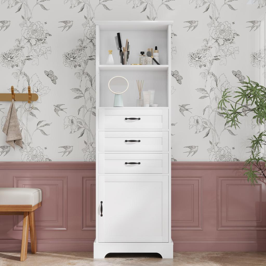 56 x 25.6 x 167 cm Bathroom Cabinet, lacquered, three drawers + open shelves + storage, adjustable shelves, black handles, cabinet legs, white.