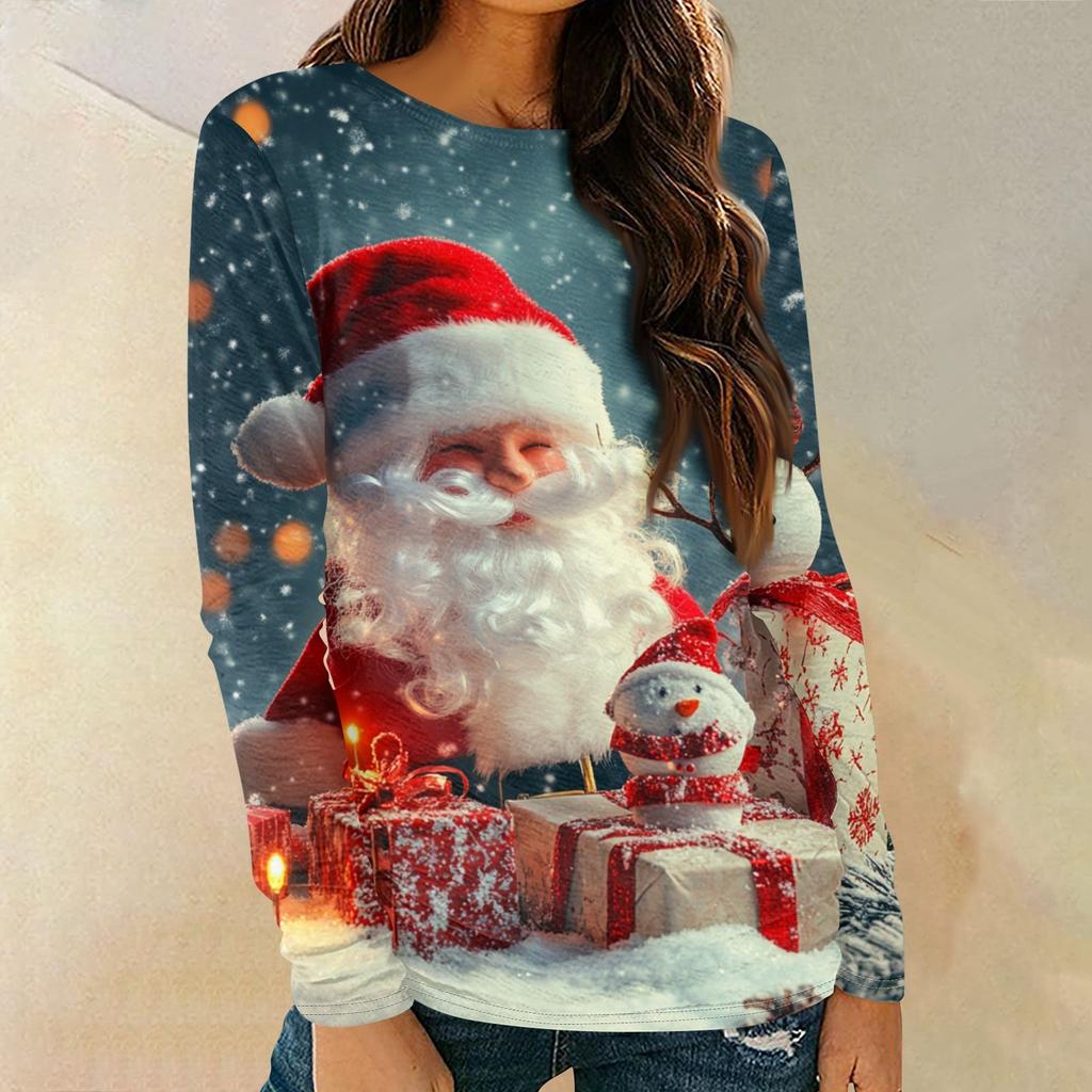 Women's Fashion Round Neck Pullover Plunging Sleeve Tee Christmas Printed Top