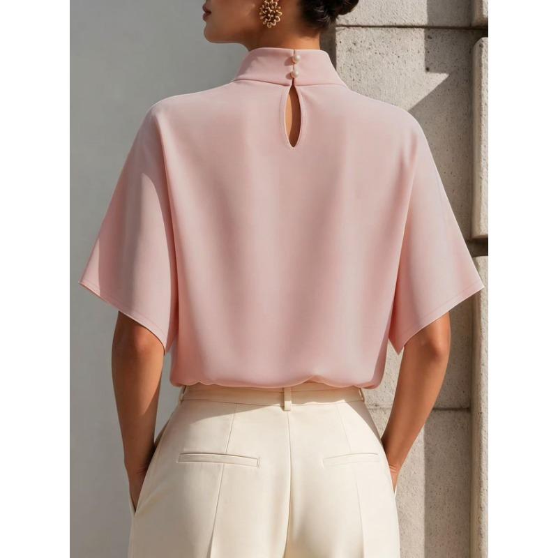 Women S Loose Fit Short Sleeve Stand Collar Solid Color Pullover Shirt