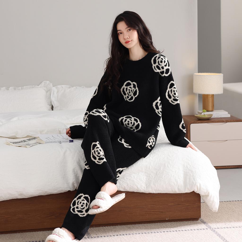 Пижама из полуфлиса женская осенне-зимняя утолщенная с длинным рукавом термо-повседневный пуловер можно носить на улице домашняя одежда коралловый флис костюм