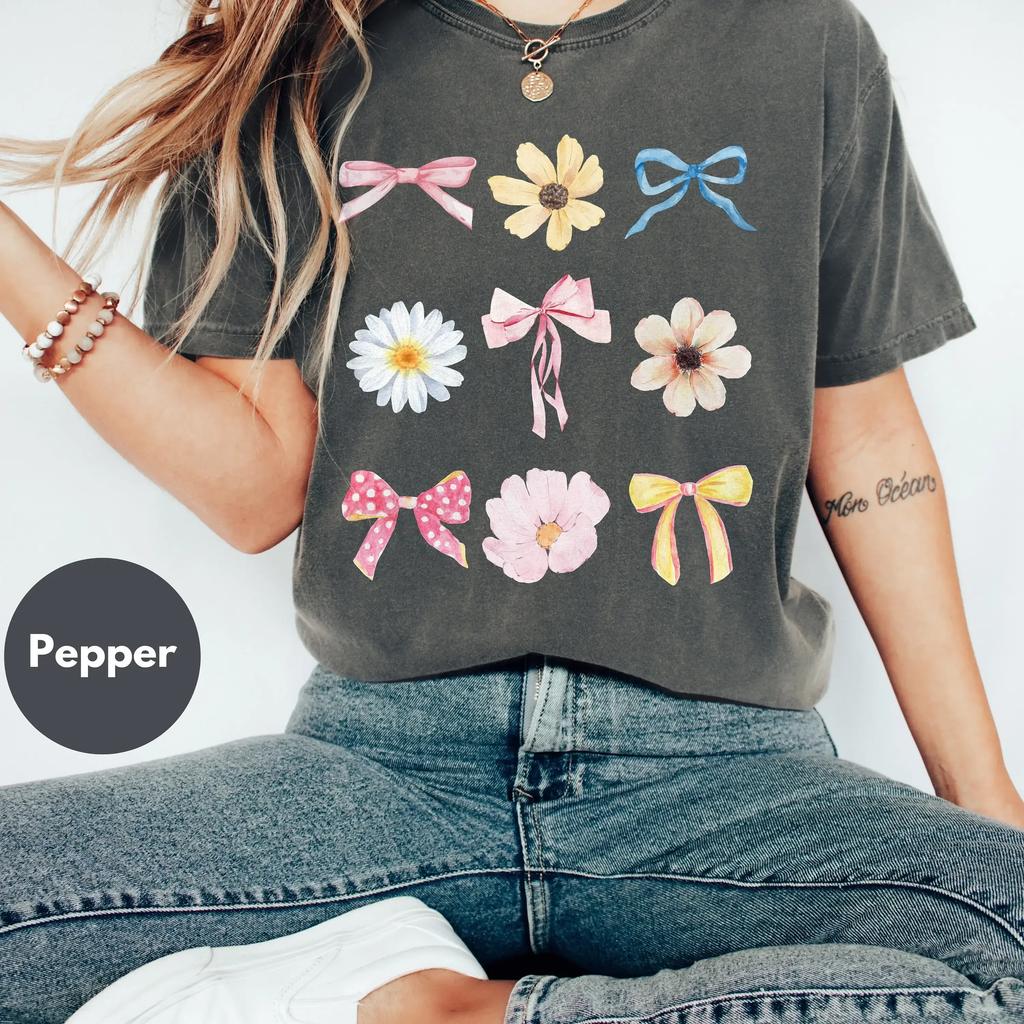 Coquette Style Floral T Shirt Wildflower Summer For Mom Sister Bow Clothes