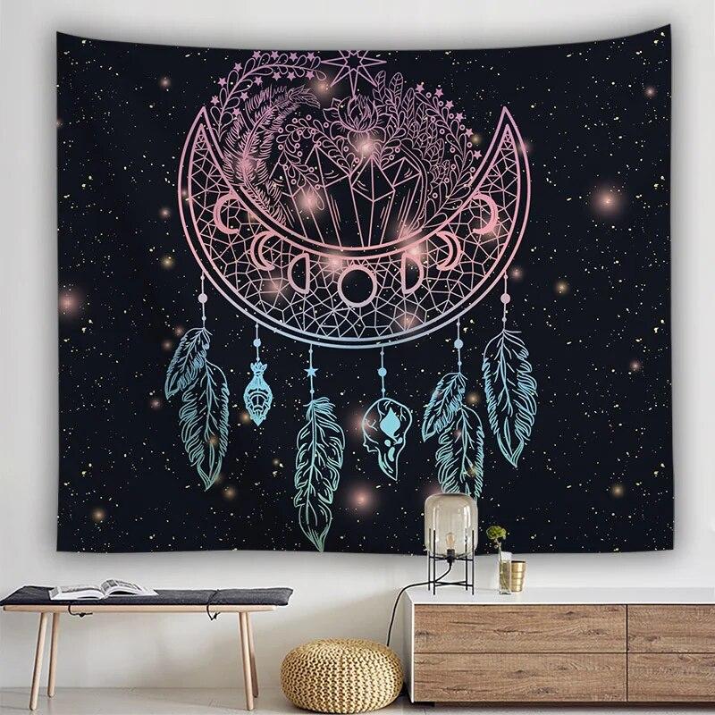 Богемный гобелен «Ловец снов» с психоделическим пером, мистический декор, настенный ковер в стиле хиппи для спальни, пляжное полотенце, домашний декор