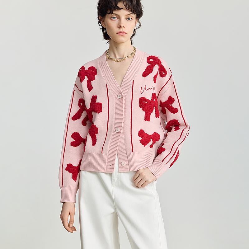 LILY Color Contrasting Bow Knitted Cardigan for Women